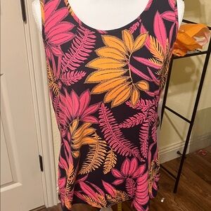 Denim&Co Pink and Orange Leaf Print Tank Top